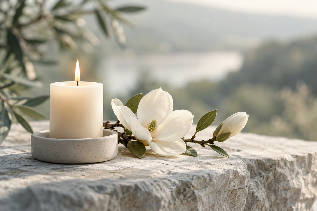 Eine Kerze und Magnolien als Zeichen der Erinnerung