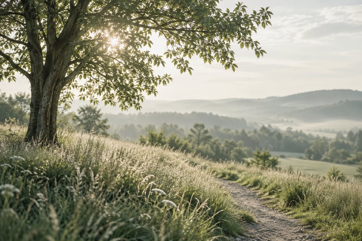Ein ruhiger Weg durch eine Wiese mit einem Baum